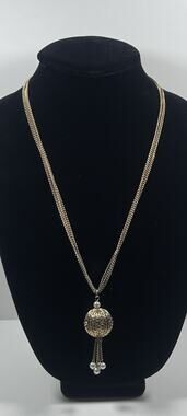 Vintage 3 Chain Gold Tone Large Ball & Tassle Faux Pearl Pendant Necklace
